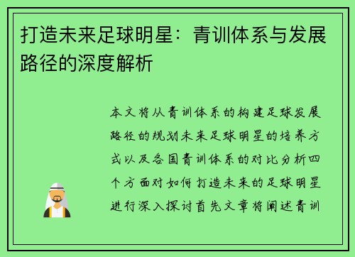打造未来足球明星：青训体系与发展路径的深度解析