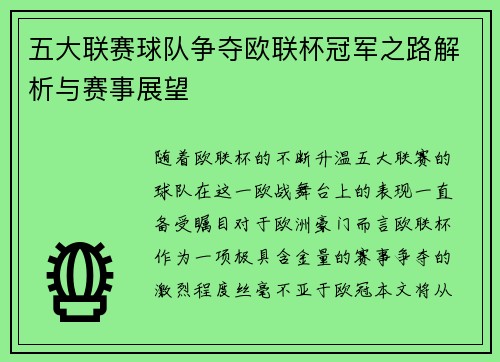 五大联赛球队争夺欧联杯冠军之路解析与赛事展望