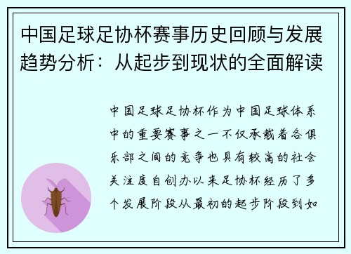 中国足球足协杯赛事历史回顾与发展趋势分析：从起步到现状的全面解读