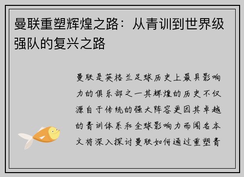 曼联重塑辉煌之路：从青训到世界级强队的复兴之路