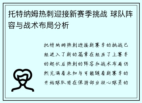 托特纳姆热刺迎接新赛季挑战 球队阵容与战术布局分析