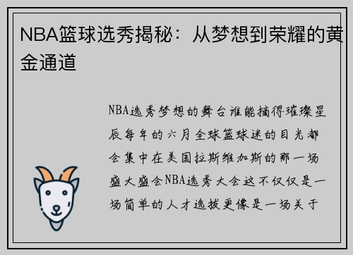 NBA篮球选秀揭秘：从梦想到荣耀的黄金通道