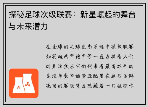 探秘足球次级联赛：新星崛起的舞台与未来潜力