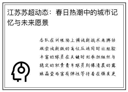 江苏苏超动态：春日热潮中的城市记忆与未来愿景