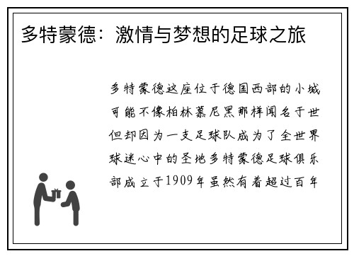 多特蒙德：激情与梦想的足球之旅